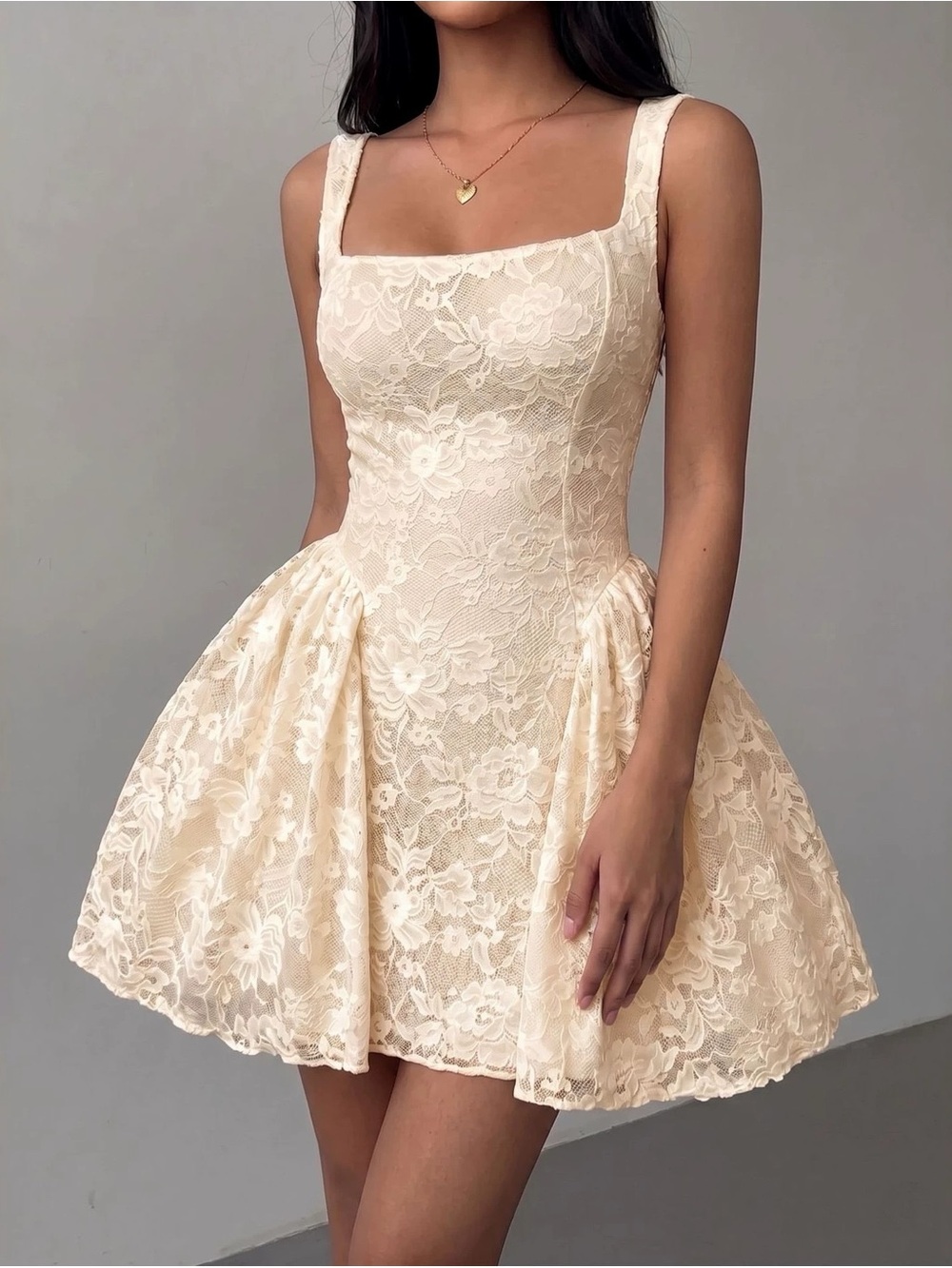 Square-Neck Lace Mini Dress in Cream